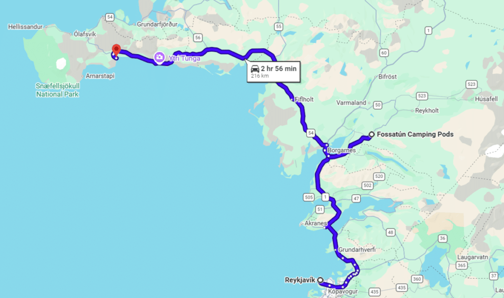 A screenshot of Google Maps directions to the Silver Circle in Iceland.